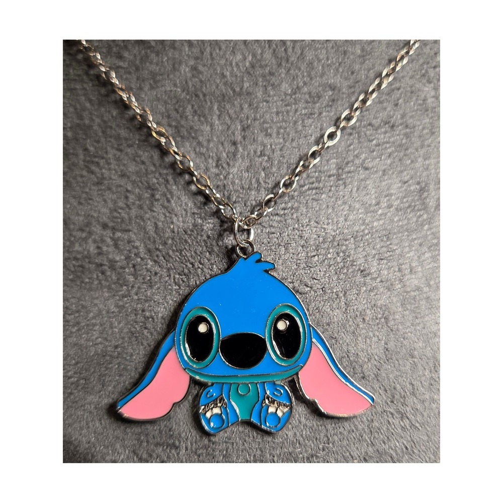 Stitch Necklace Silver Tone Enamel Charm Blue Jewelry Cute Y2k 24"